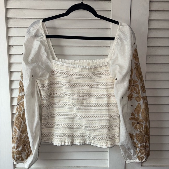 NWT Anthropologie White Embroidered Puff Sleeve Square Neck Top Medium - Picture 4 of 8